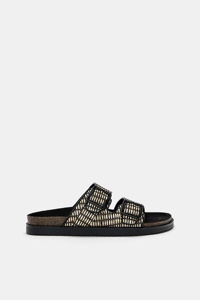 Pull & Bear Printed flat slider sandals with buckle