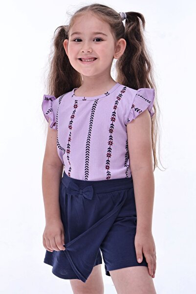 ZUZUNGA Wrapped Fabric Floral Patterned Ruffle Sleeve Bow Detailed Girl's Shorts Skirt Set