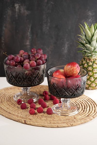 Multiamo Star Model Handmade Footed Gray Color Glass 2 Piece Bowl 20X18 cm -15X15 cm