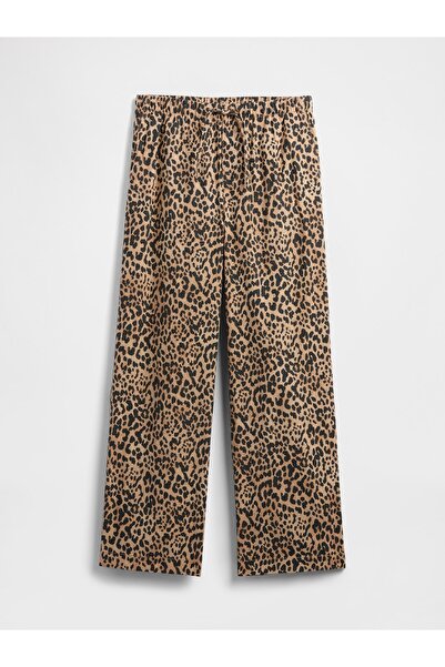 GAP Kadın Kahverengi Mid Rise Keten Karışımlı Pull-On Wide-Leg Pantolon