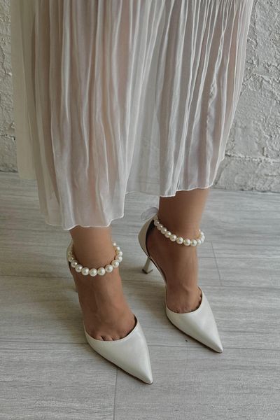 Elvessa Women's Mother of Pearl 7 cm Heeled Shoes with Ribbon Pearl Detail Dowry Bride Engagement Model