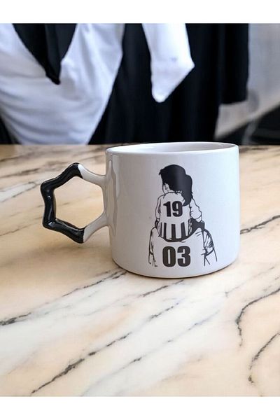 Simge Seramik Fan Dad Girl Black White Star Handmade Ceramic Mug with Handle Mug Tea Cappuccino Cup