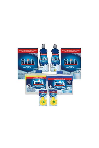 Finish Package of 8 Finish additives, 400ml rinse aid, salt, cleaning liquid and air freshener