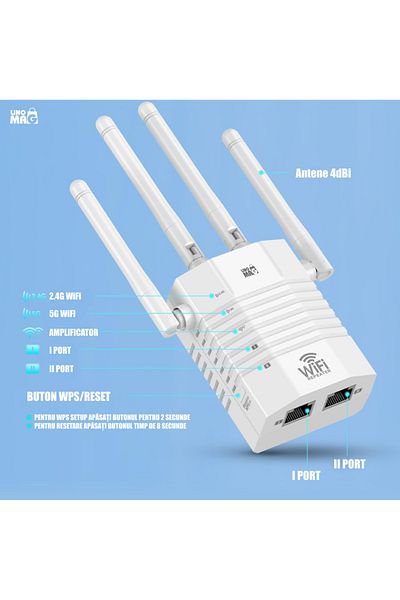 Linomag WiFi Signal Amplifier Linomag®, Dual Band 2.4/5GHz, 4 Antennas, 1200Mbps, 2 LAN, 240m², White