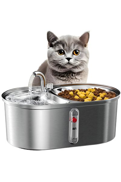 Linomag Fântână și bol pentru animale de companie Linomag® 3L, silențios, filtru de carbon, oțel inoxidabil, pentru pisici și câini, argintiu