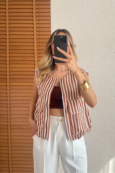 Mucios Striped Fabric Pocket Vest