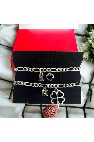 pofudukcase Steel Letter Heart and Clover Detailed Couple Bracelet Lover, Friend, Mother Bracelet