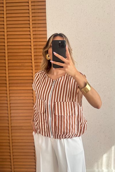 Mucios Striped Fabric Pocket Vest