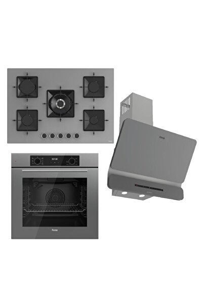Ferre FLOWART-SILENTART Serisi Gri Set (SS038 + QBL63CPR +D082-SA ) - Döküm Izgara / 75 cm Ocak