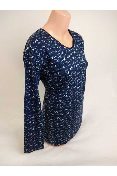 YAŞAR TRİKO Women's Navy Blue Green U Neck Long Sleeve Patterned Slit Woven Viscose Mother Combed Cotton T-Shirt