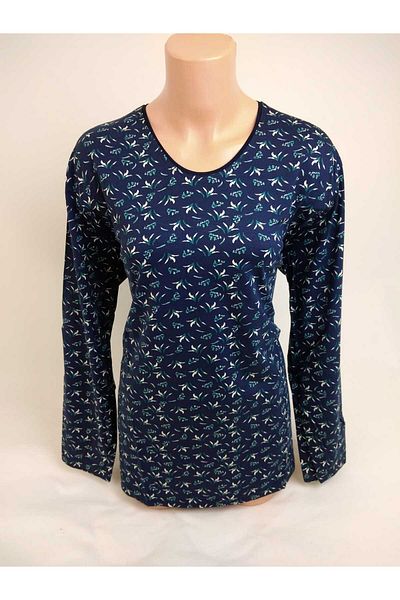 YAŞAR TRİKO Women's Navy Blue Green U Neck Long Sleeve Patterned Slit Woven Viscose Mother Combed Cotton T-Shirt