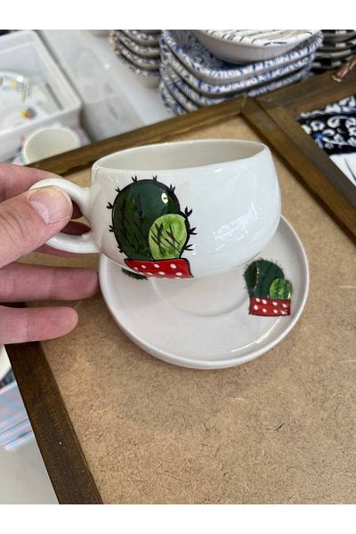 ColorCraft Cactus Patterned Ceramic Mug with Plate, Mug, Double Turkish Coffee Filter Coffee