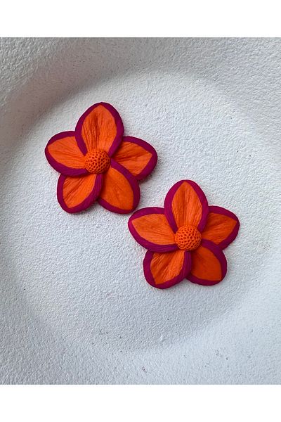 ACCESSORY Orange Design Earrings with Fuchsia Lines