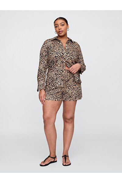 GAP Kadın Kahverengi Bağcıklı Keten Karışımlı Şort