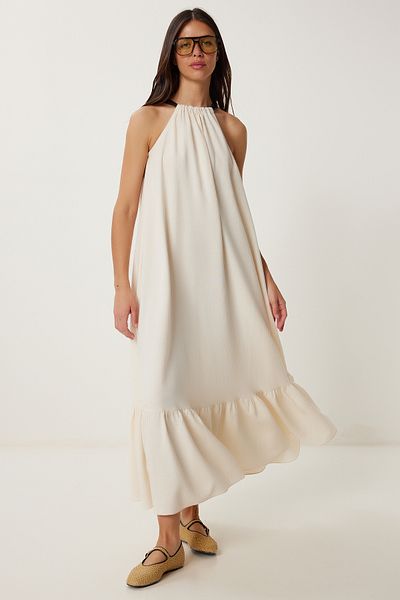 Lovelyİstanbul Rochie de vară din in cu bretele contrastante CREAM LFG0007