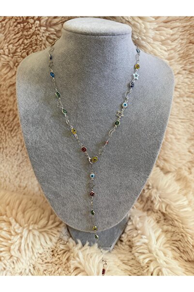 ANGELSS JEWELLERY Gümüş Y Kolye Nazar Boncuklu Renkli Zirkon Taşlı Y Kolye (U...
