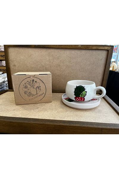 ColorCraft Cactus Patterned Ceramic Mug with Plate, Mug, Double Turkish Coffee Filter Coffee