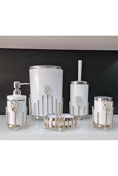 GuvenliPazar 5 Parça Akrilik Yuvarlak Banyo Seti Beyaz Gümüş Kromaj Gümüş Jap...