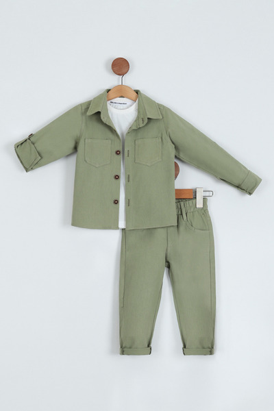 Pollito Erkek Çocuk Pamuklu Gömlek Tişört Pantolon 3'lü Alt Üst Takım
