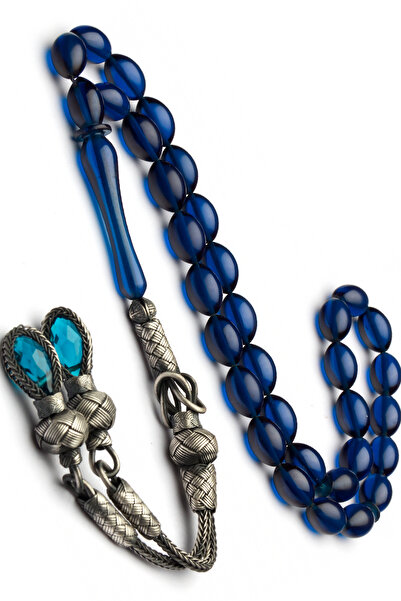 EHİNOS Certified Silver Kazaz Tassel Navy Blue Fire Amber Prayer Beads