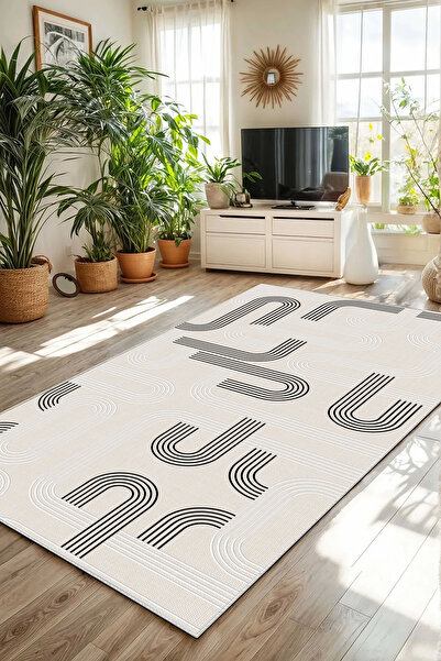 Hülya Home Salon Halısı Geometrik İskandinav Eskitmeli Dijital Baskı Yıkanabi...