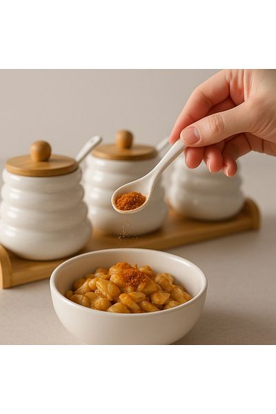 morponi Set of 4 Porcelain Spice Shakers with Bamboo Stand and Spoon