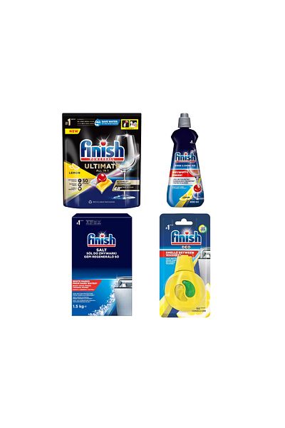 Finish Set of 4 Finish products, 50 tablets, Activblu Lemon, salt, air freshener and rinse aid