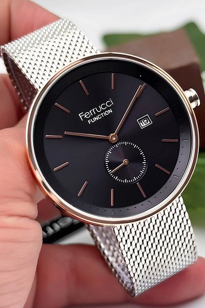 Ferrucci 3Atm Water Resistant Men's Wrist Watch, Steel Band & Special Design, Silver-Black Sdfer161
