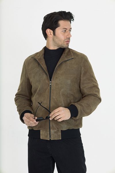 By Marki Marki Men's Light Brown Vintage Genuine Suede Leather Jacket, Vintage Look Stand Collar, Zippered - 502522