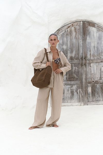 BOHEMAİ Jelsomina Oversize Beige Linen Shirt Trousers Set