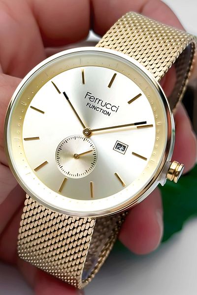Ferrucci Men's Wrist Watch with Calendar Steel Case & Steel Cord Gold Zmfer182