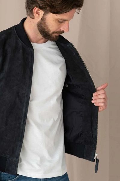 By Marki Marki Men's Black Genuine Suede Leather College Jacket – Knit Collar and Cuffs, Zippered, Lined - 504322