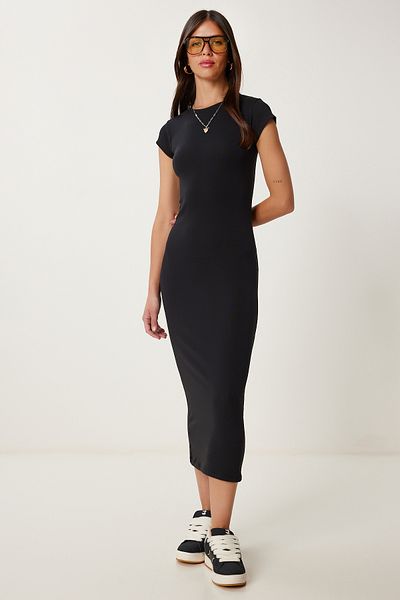 Lovelyİstanbul Basic Summer Stretchy Midi Knitted Dress Black Lhf0023