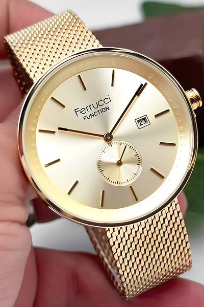 Ferrucci 3Atm Water Resistant Men's Wrist Watch, Steel Band & Special Design, Gold Sdfer161