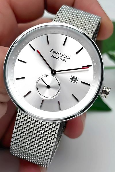 Ferrucci Men's Wrist Watch with Calendar Steel Case & Steel Cord Silver Zmfer182