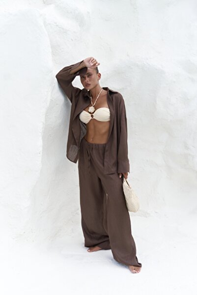 BOHEMAİ Jelsomina Oversize Brown Linen Shirt Trousers Set