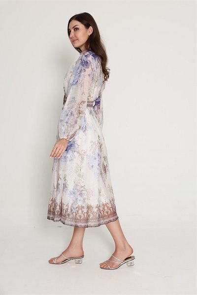IKKXA Belted Flower Pattern Mid Length Dress