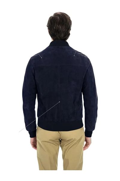 By Marki Marki Men's Navy Blue Genuine Suede Leather College Jacket – Knit Collar and Cuffs, Zippered, Lined - 504322