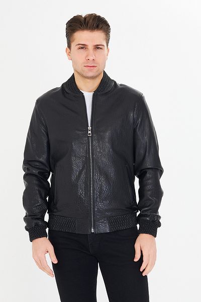 By Marki Marki Men's Genuine Jumbo Leather Jacket – Black Leather Elastic Collar and Cuffs Zippered Lined - 504322