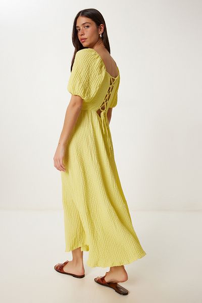 Lovelyİstanbul Rochie tricotată de vară texturată cu decolteu inimă GALBEN LUB0010