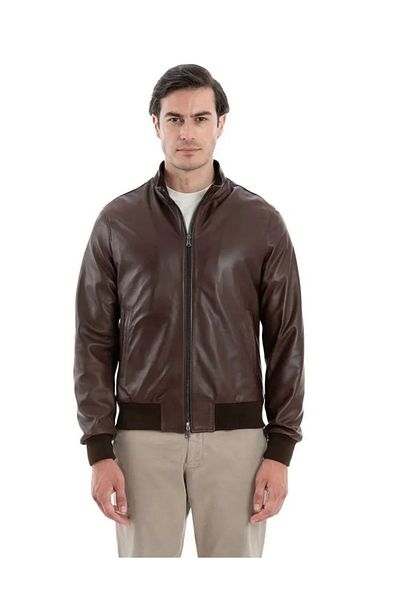 By Marki Marki Men's Brown Genuine Leather College Jacket – Knitted Collar and Cuffs, Zippered, Lined- 504322