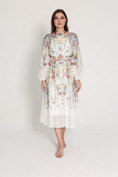 IKKXA Belted Flower Pattern Mid Length Dress