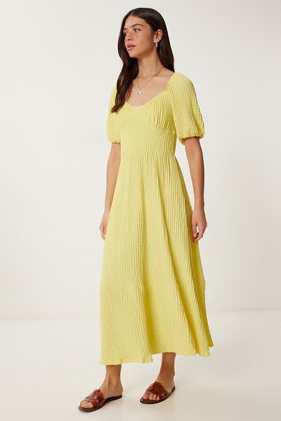 Lovelyİstanbul Rochie tricotată de vară texturată cu decolteu inimă GALBEN LUB0010