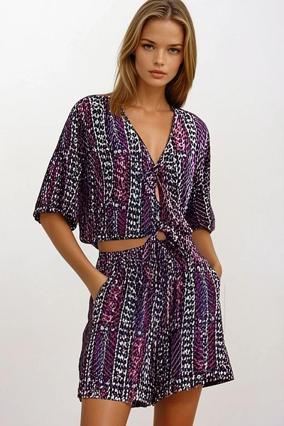 VAGGON Women's Purple Ethnic Patterned Tie-Up Blouse and Shorts Set Vs00189