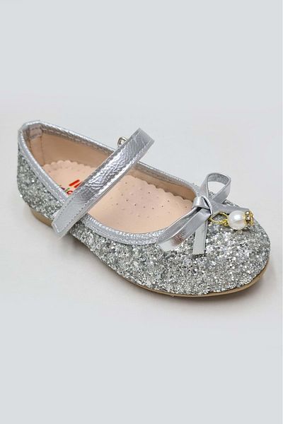 ww waka waka kids store Silver Glitter Single Strap Bow Girl's Ballerina Shoes