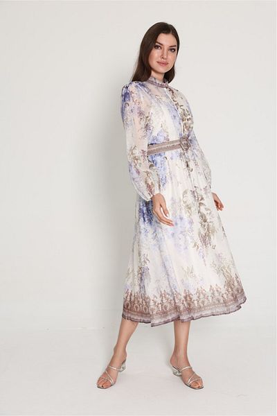 IKKXA Belted Flower Pattern Mid Length Dress