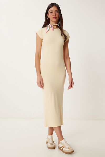 Lovelyİstanbul Basic Summer Stretchy Midi Knitted Dress Yellow Lhf0023