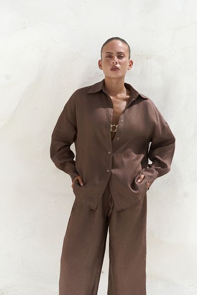 BOHEMAİ Jelsomina Oversize Brown Linen Shirt Trousers Set