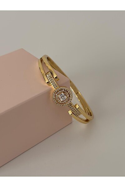 Elistar Kadın Gold Renk Kararmaz Kare Zirkon Taşlı Zarif Kelepçe Bileklik