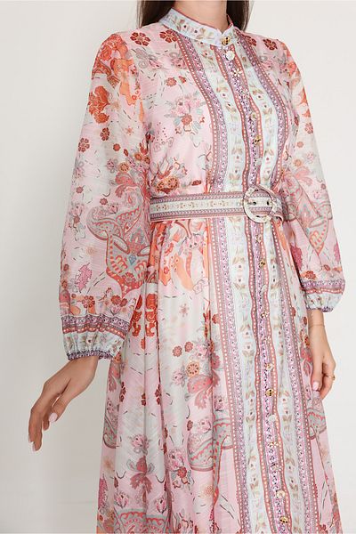 IKKXA Belted Flower Pattern Mid Length Dress